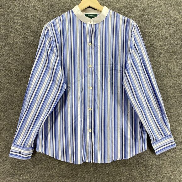Ralph Lauren Shirt Women 12 Blue Striped Button Up Crew Neck Long Sleeve Cotton - Picture 4 of 8